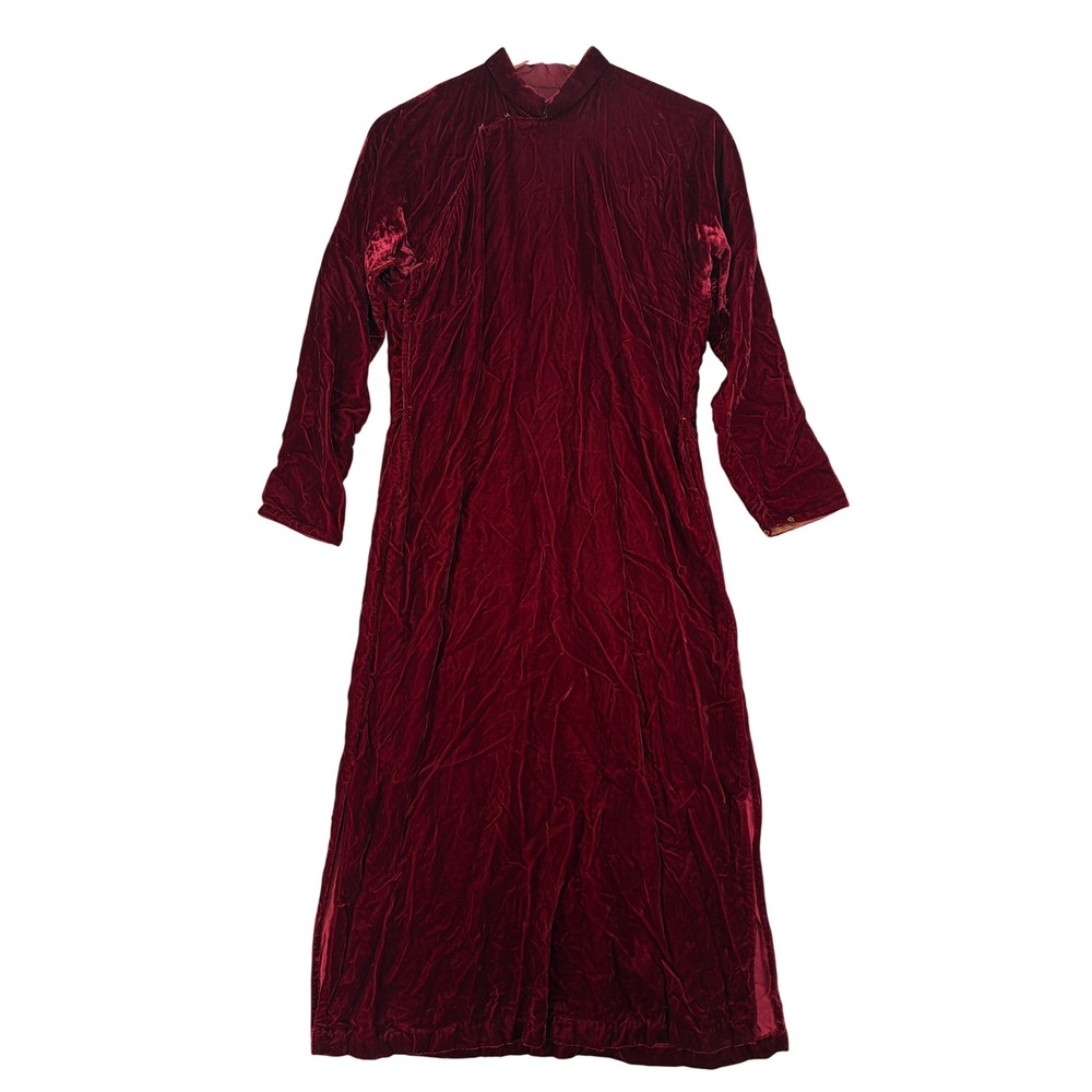 Vintage Burgundy Velvet Cheongsam Qipao Maxi Dress Mandarin Collar Long Sleeve